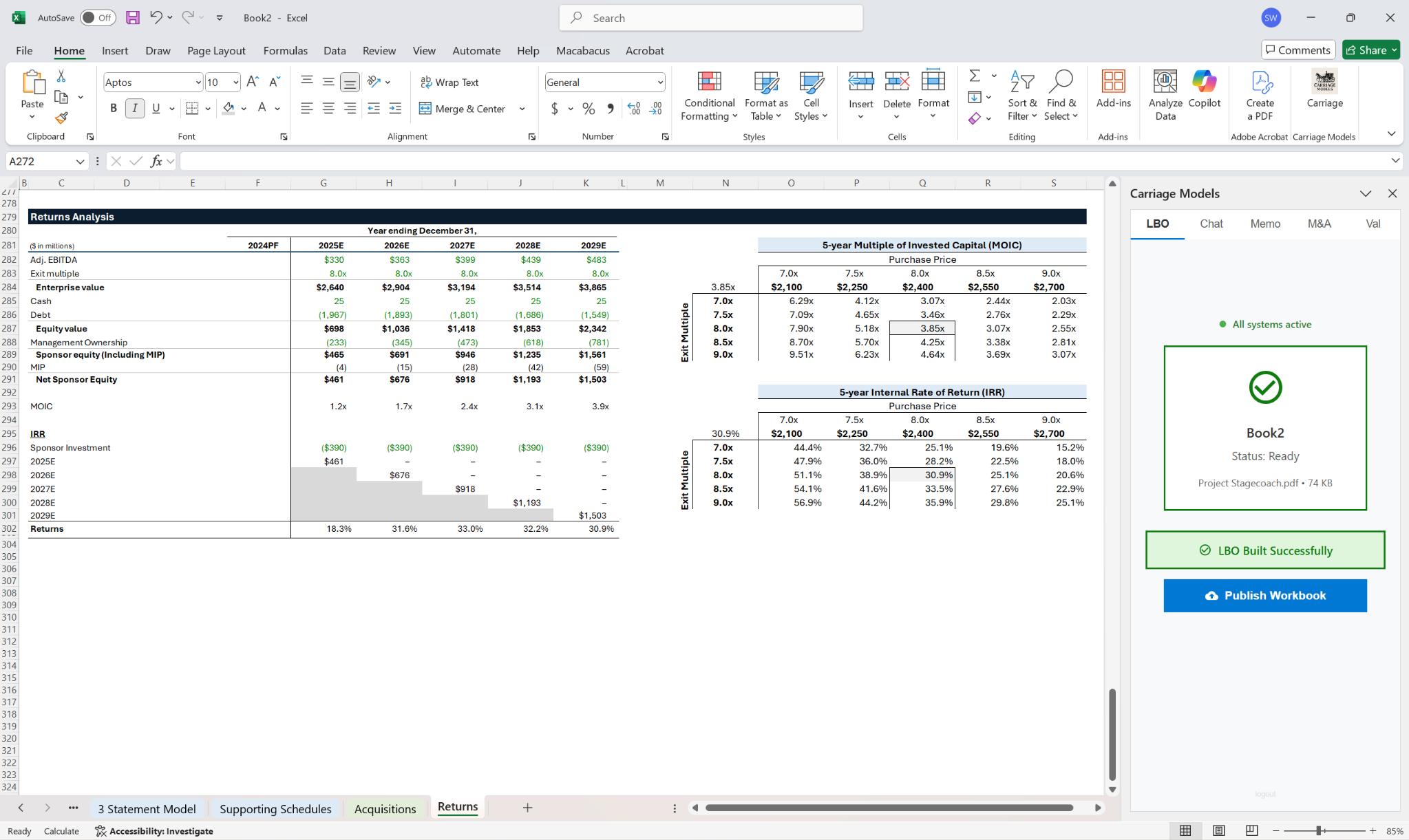 Carriage Models financial modeling platform showing automated Excel model generation from CIM data